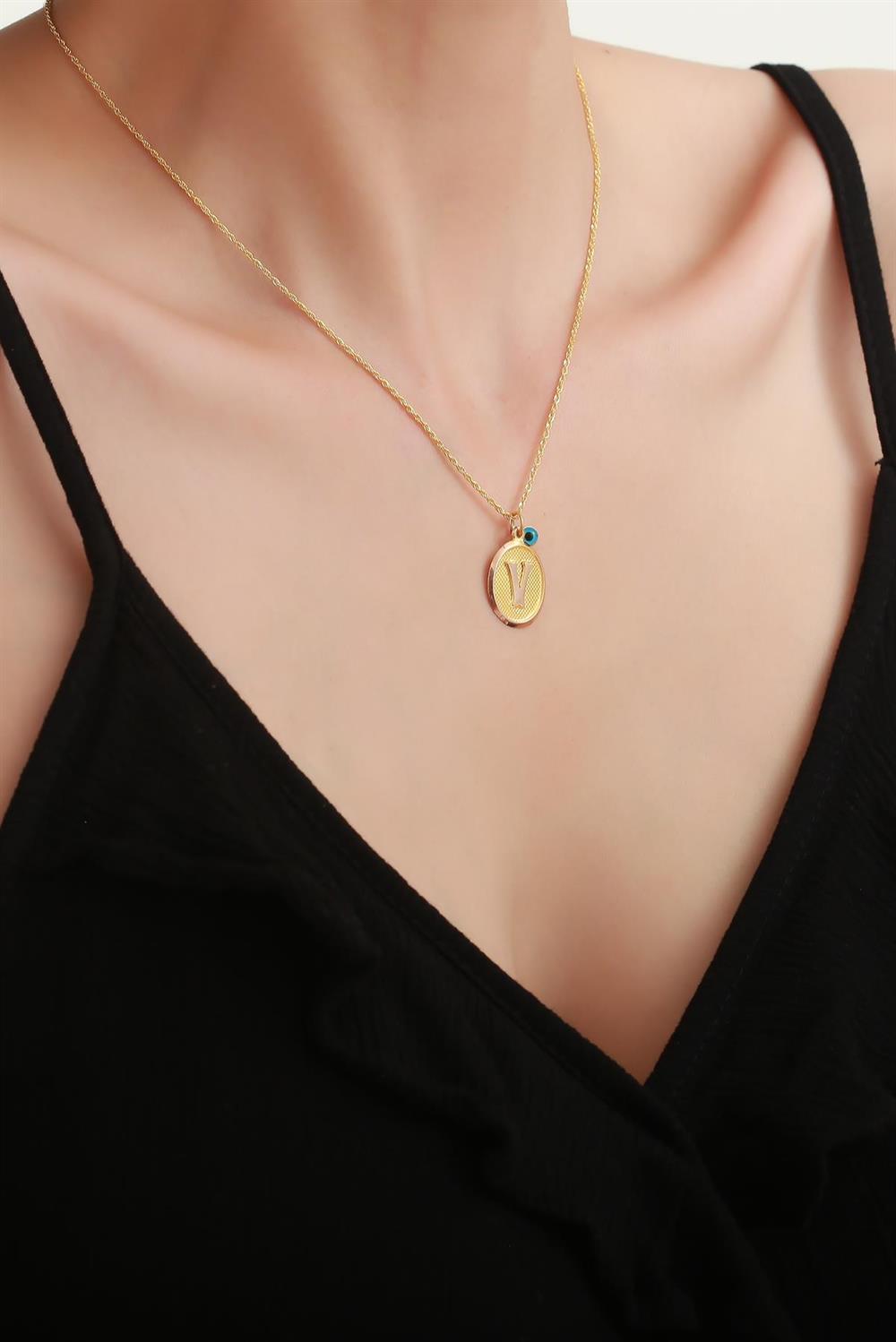 14 Ayar Altın Vintage Oval V Harf Kolye