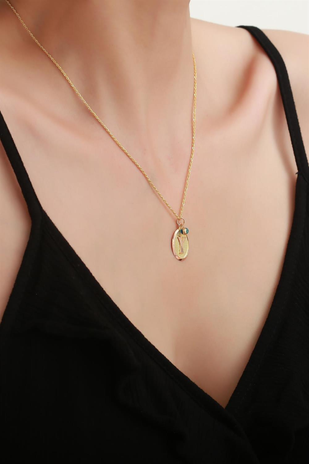 14 Ayar Altın Vintage Oval Y Harf Kolye