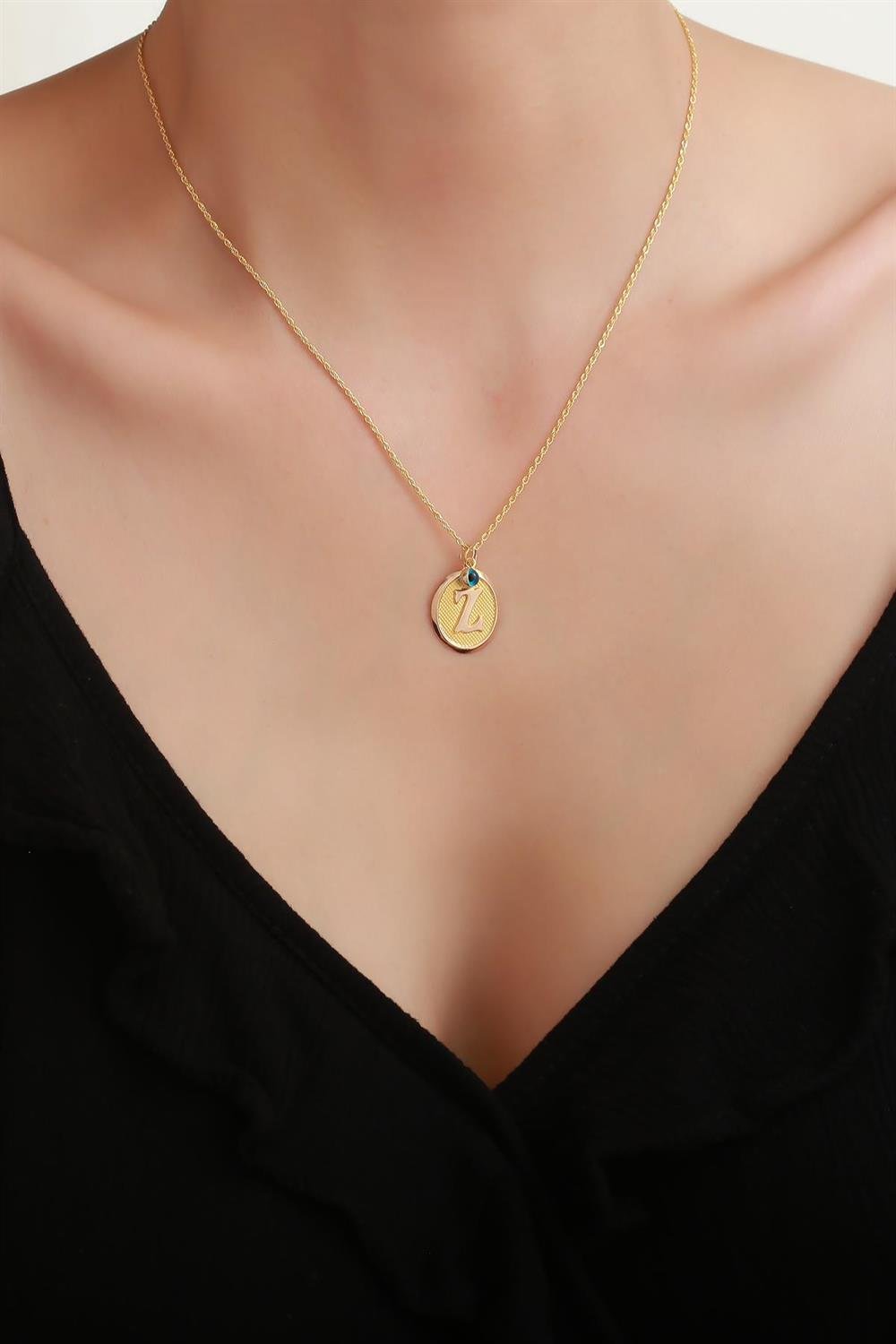 14 Ayar Altın Vintage Oval Z Harf Kolye