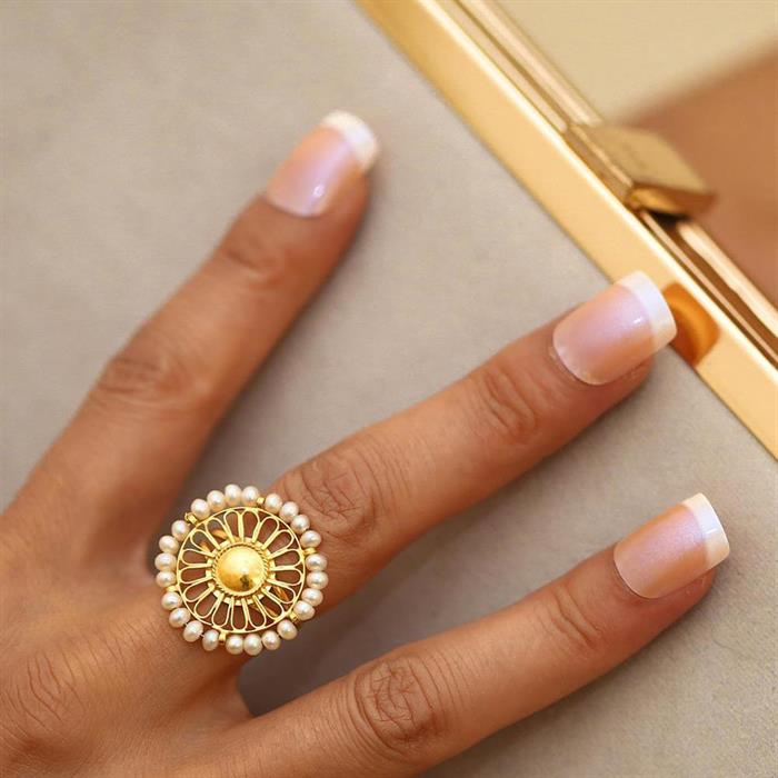 14K Solid Gold Fan Pearl Ring