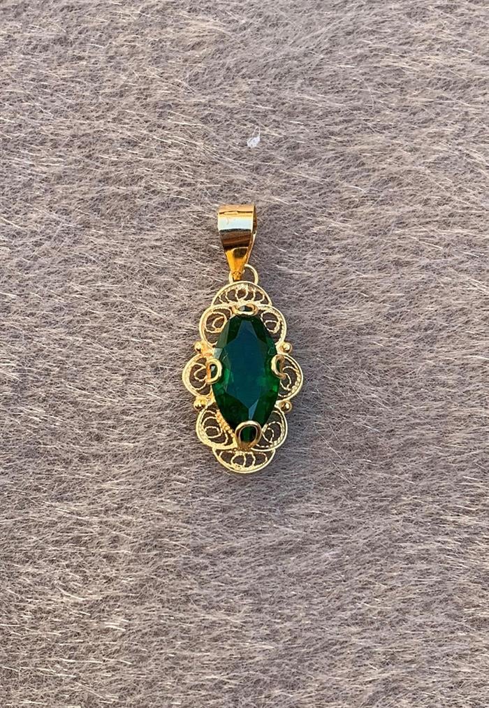 14K Solid Gold Green Stone Filigree Shuttle Pendant