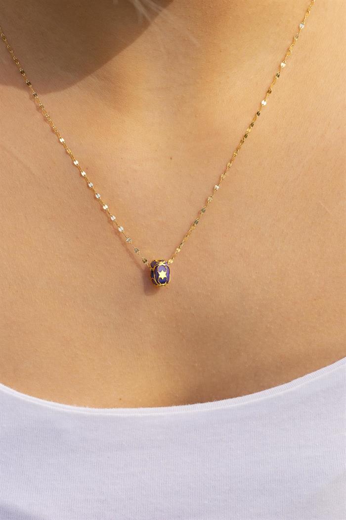 Gold Italian Mirrored Navy Blue Beaded Caged Necklace