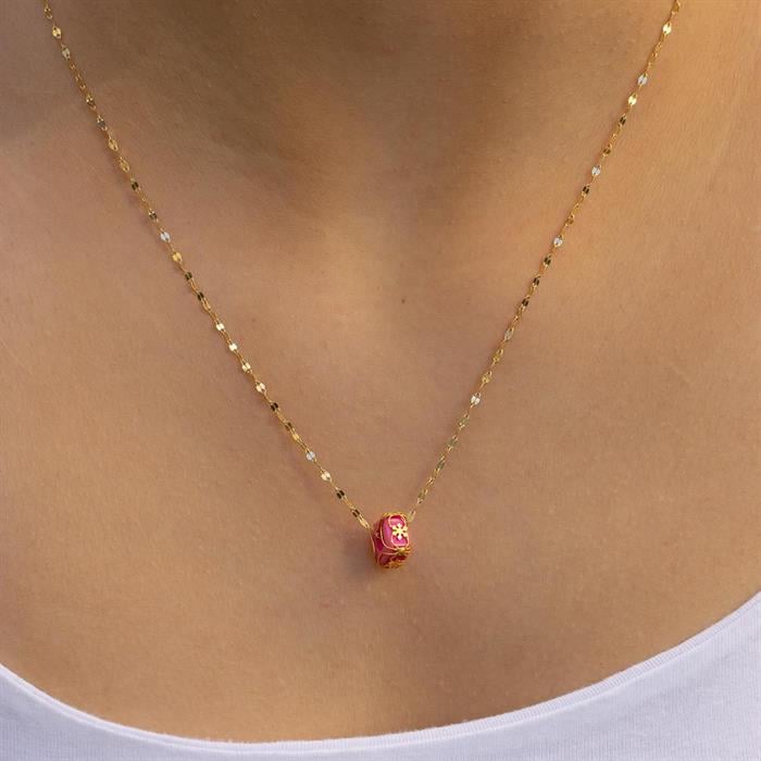 Gold Italian Mirrored Pink Beaded Caged Necklace