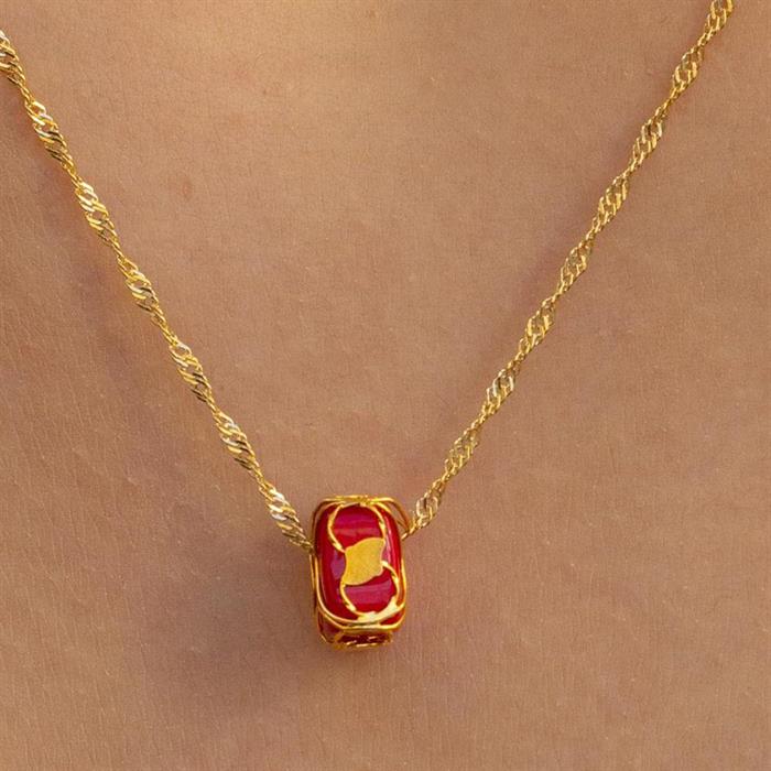 Gold Red Beaded Caged Singapore Necklace