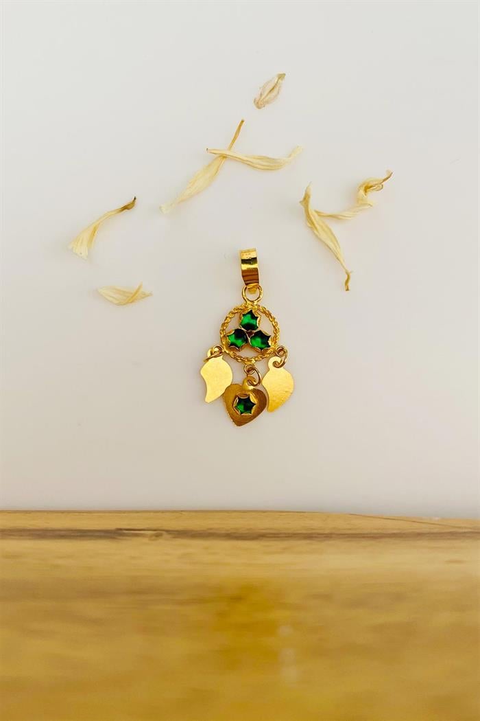 Gold Mardin Work 3 Sequin Triangle Green Beaded Pendant