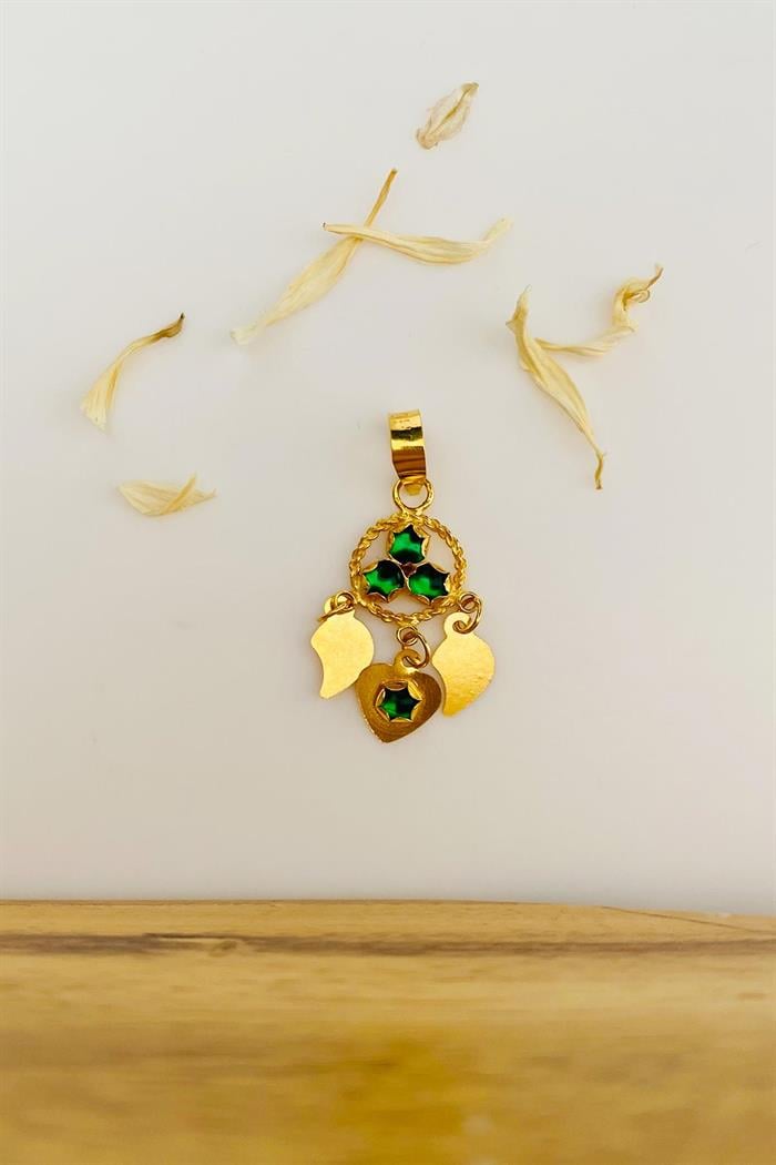 Gold Mardin Work 3 Sequin Triangle Green Beaded Pendant