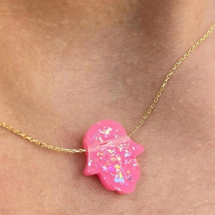 Altın Pembe Opal Taşlı Fatma Ana Eli Kolye