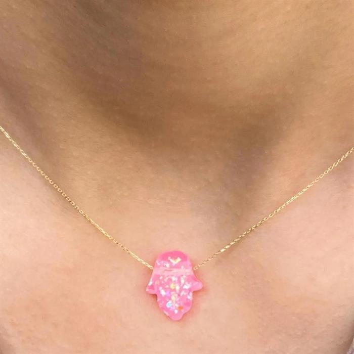Altın Pembe Opal Taşlı Fatma Ana Eli Kolye