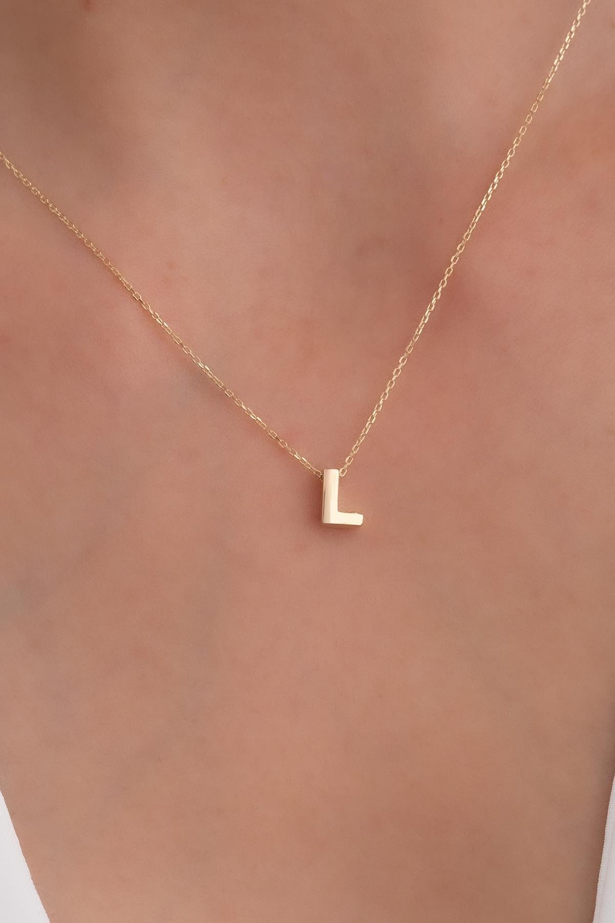 14K Solid Gold 3D Letter L Necklace