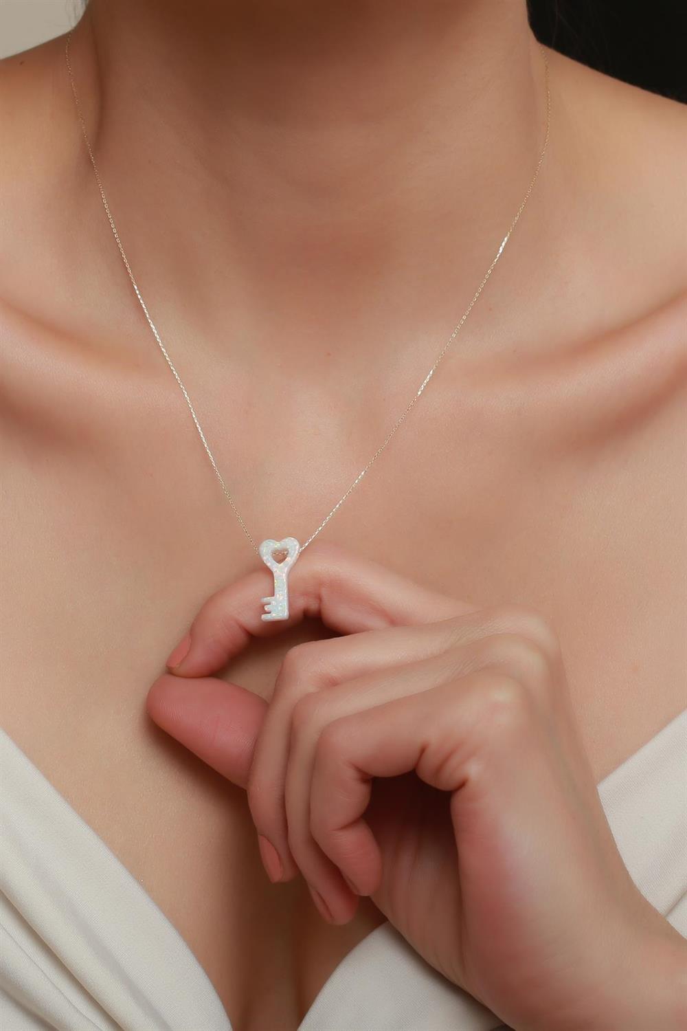 14K Solid Gold White Opal Stone Heart Key Necklace