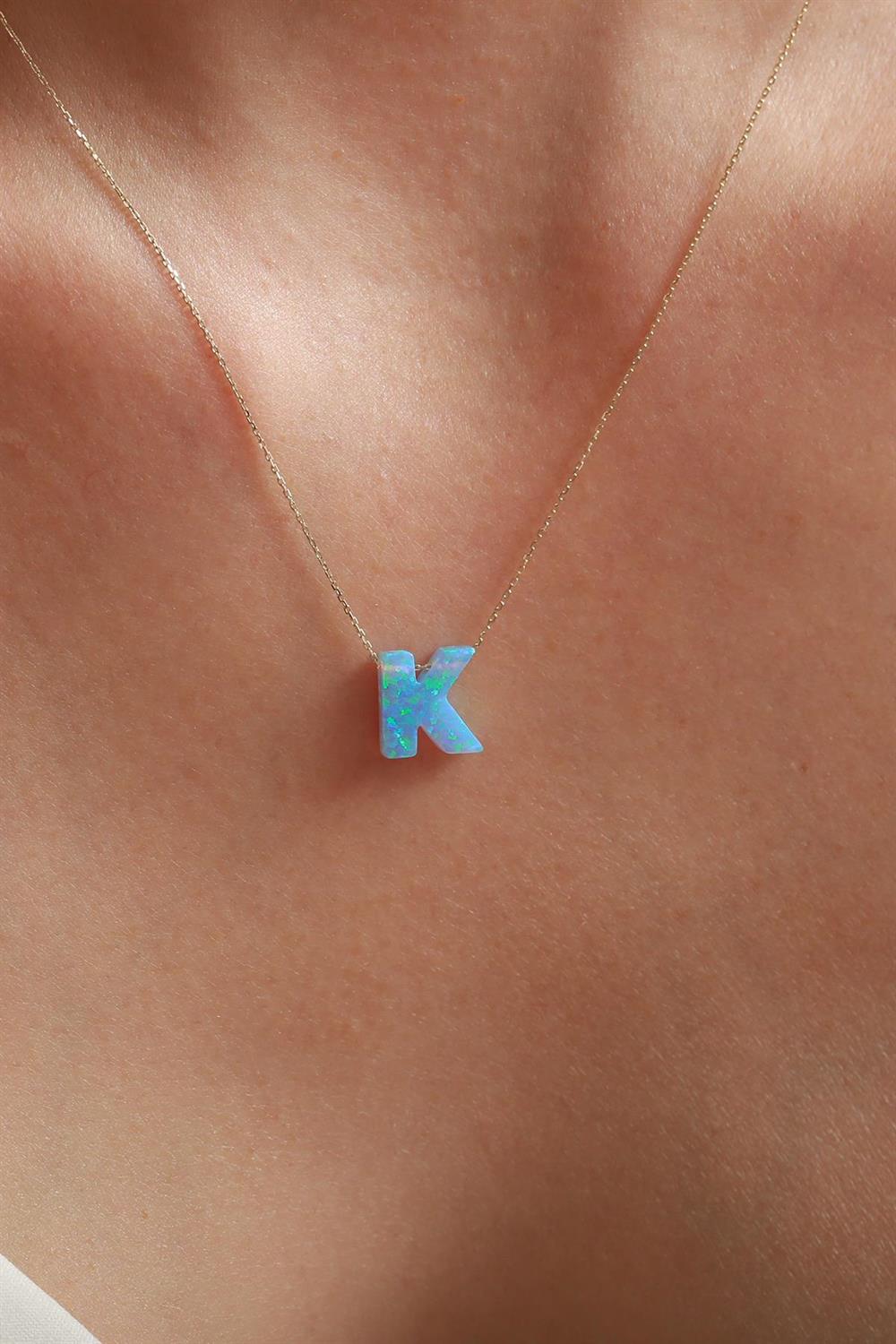 14K Solid Gold Ice Blue Opal Stone K Letter Chain Necklace