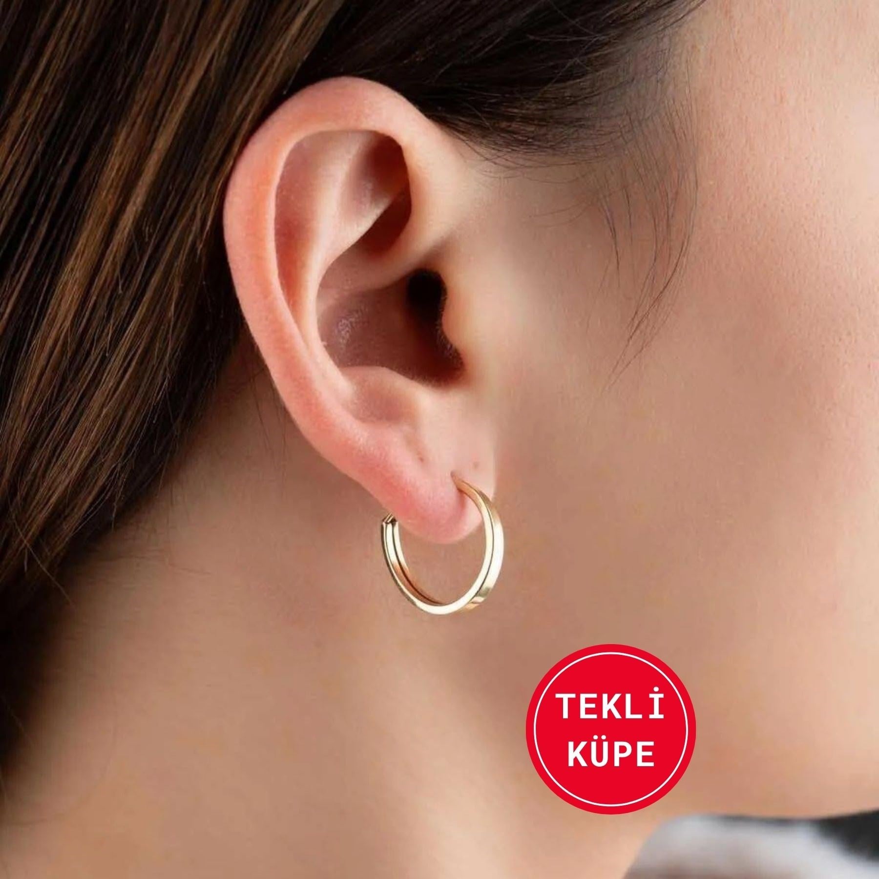 14 Ayar Altın Düz Halka Gizli Kilit Tekli Küpe 1.9 cm