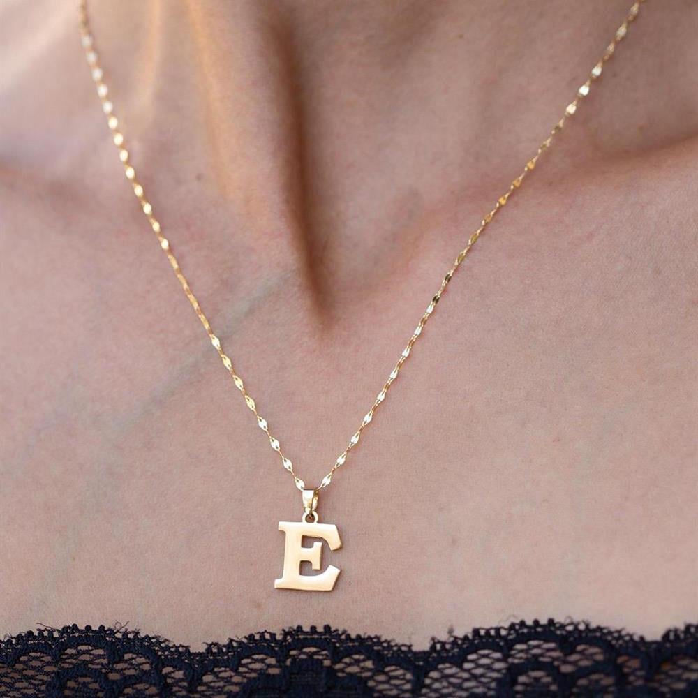 14 Ayar Altın E Harf Plaka Kolye