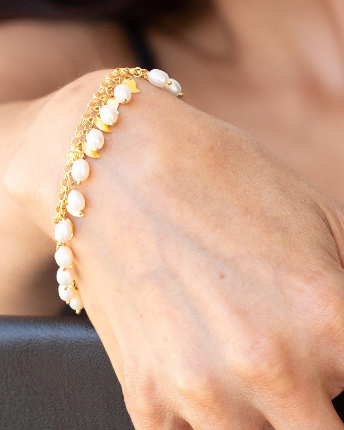 14 Ayar Altın İncili Pullu Bileklik