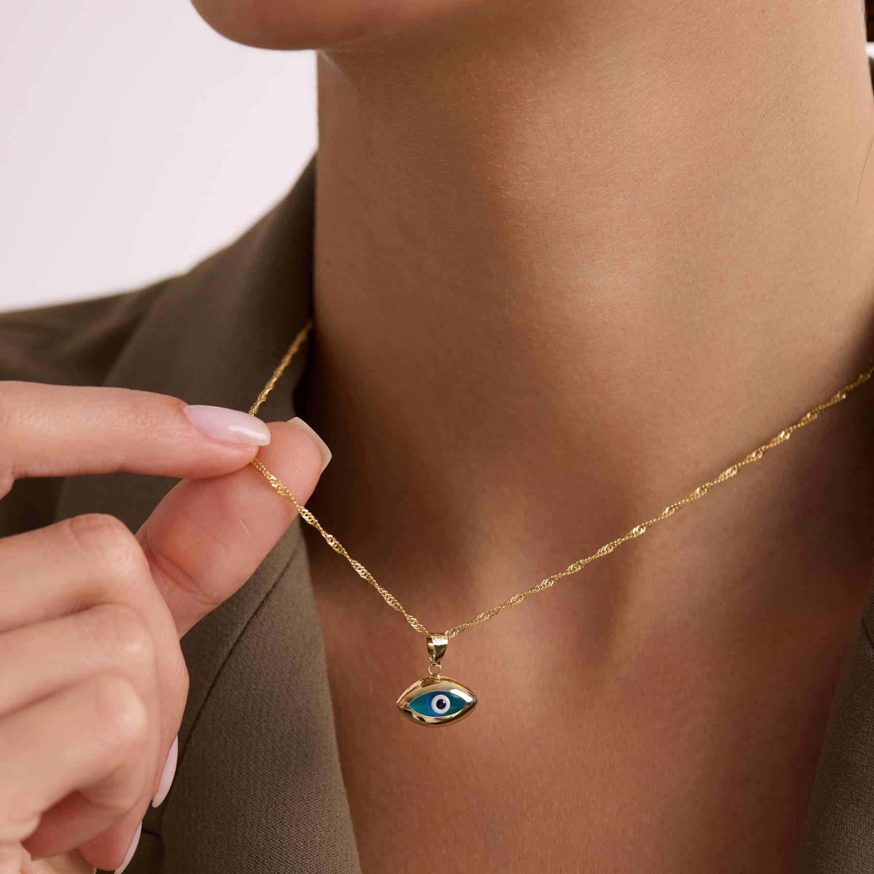 14 Ayar Altın Mavi Dev Çekik Gözlü Singapur Kolye