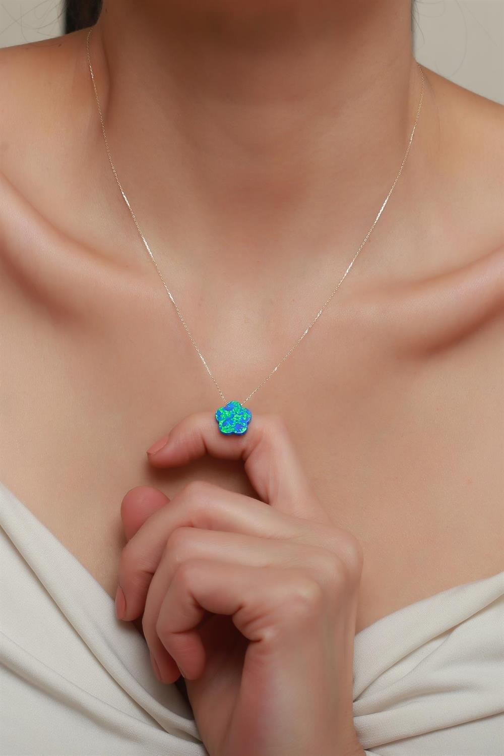 14K Solid Gold Blue Opal Stone Flower Necklace