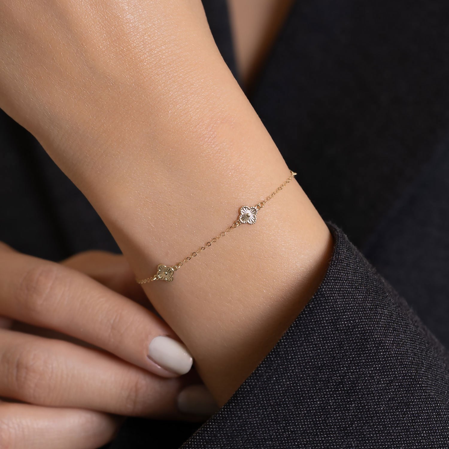 14 Ayar Altın Minimal Yonca Bileklik + 2 cm Uzatmalı