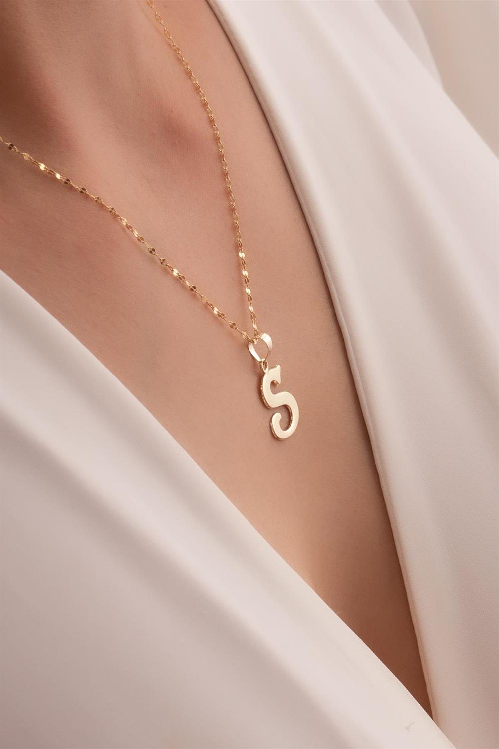 14K Solid Gold Plate S Letter Necklace