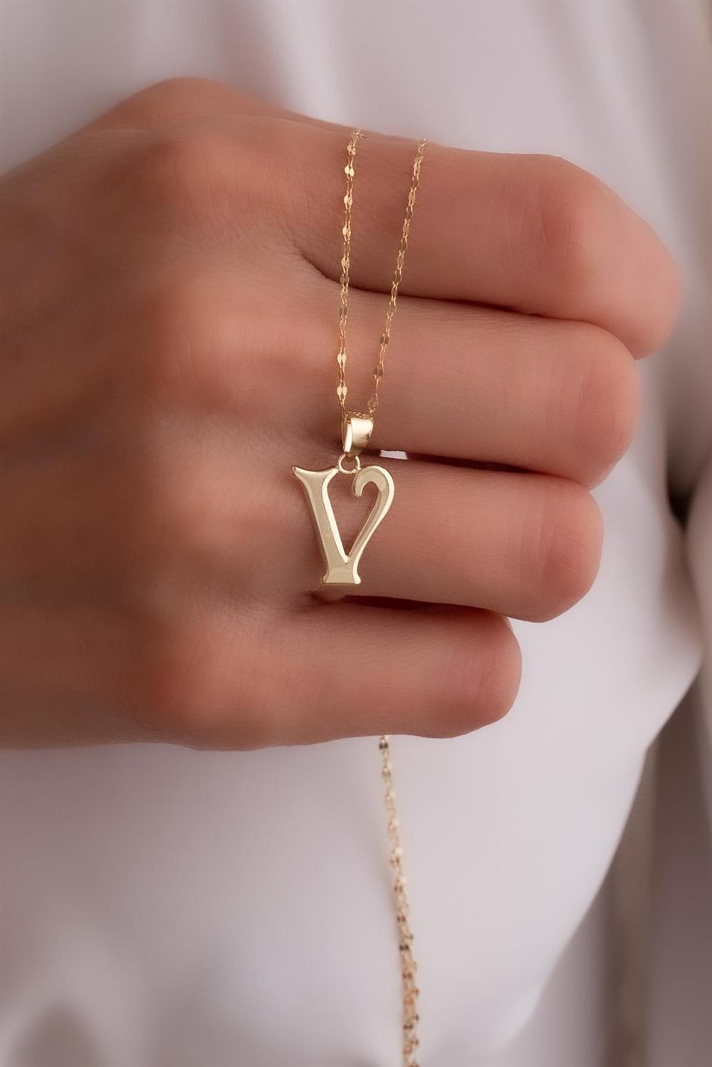 14K Solid Gold Plate V Letter Necklace