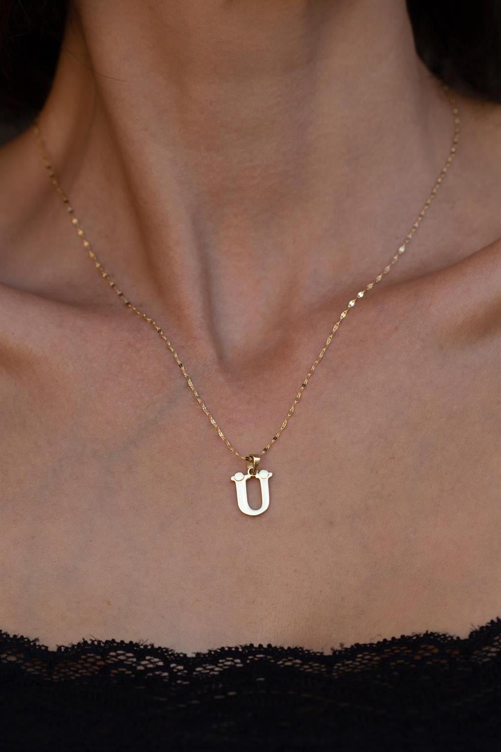 14 Ayar Altın Plakalı Ü Harf Kolye