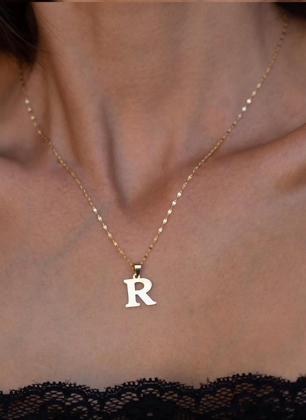 14 Ayar Altın R Harf Plaka Kolye