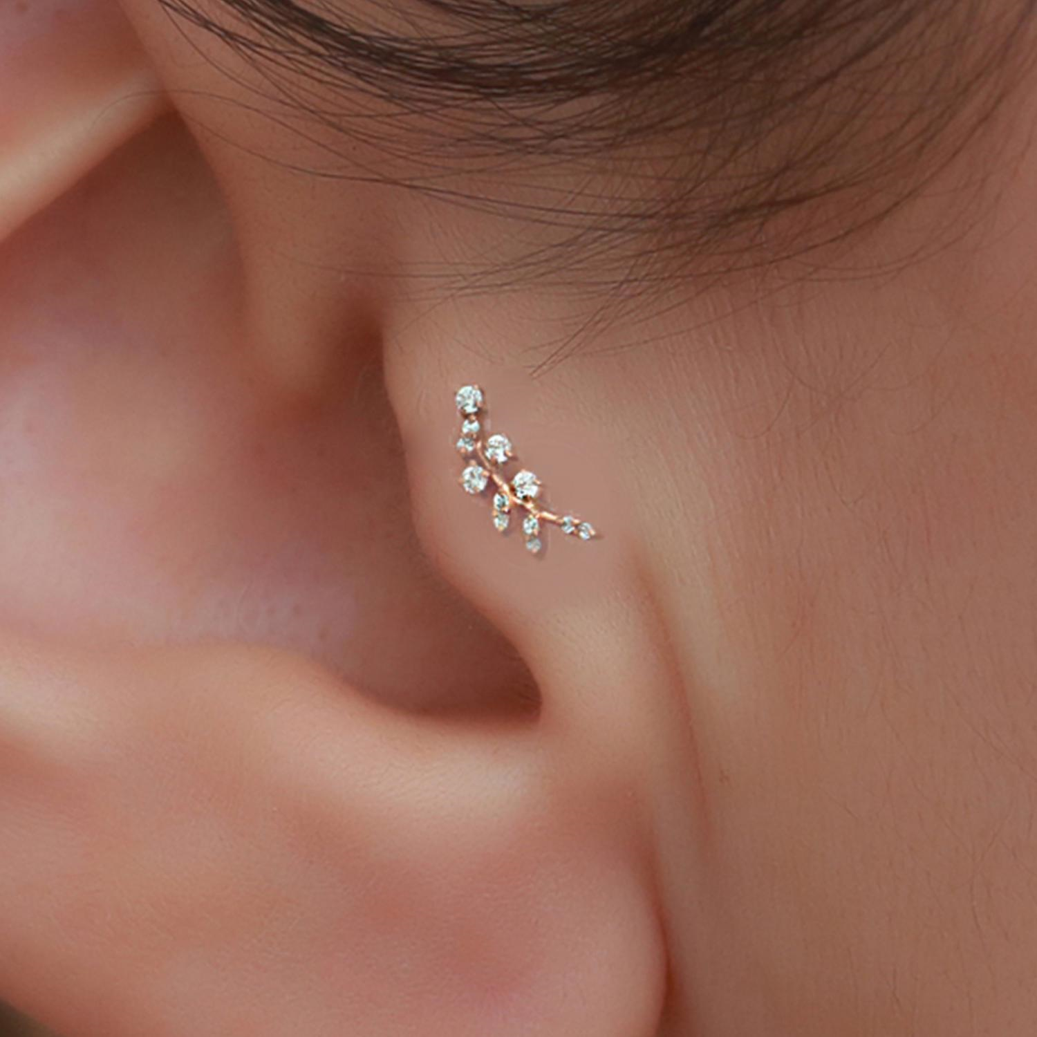 14 Ayar Altın Rose Taşlı Dal Tragus Piercing