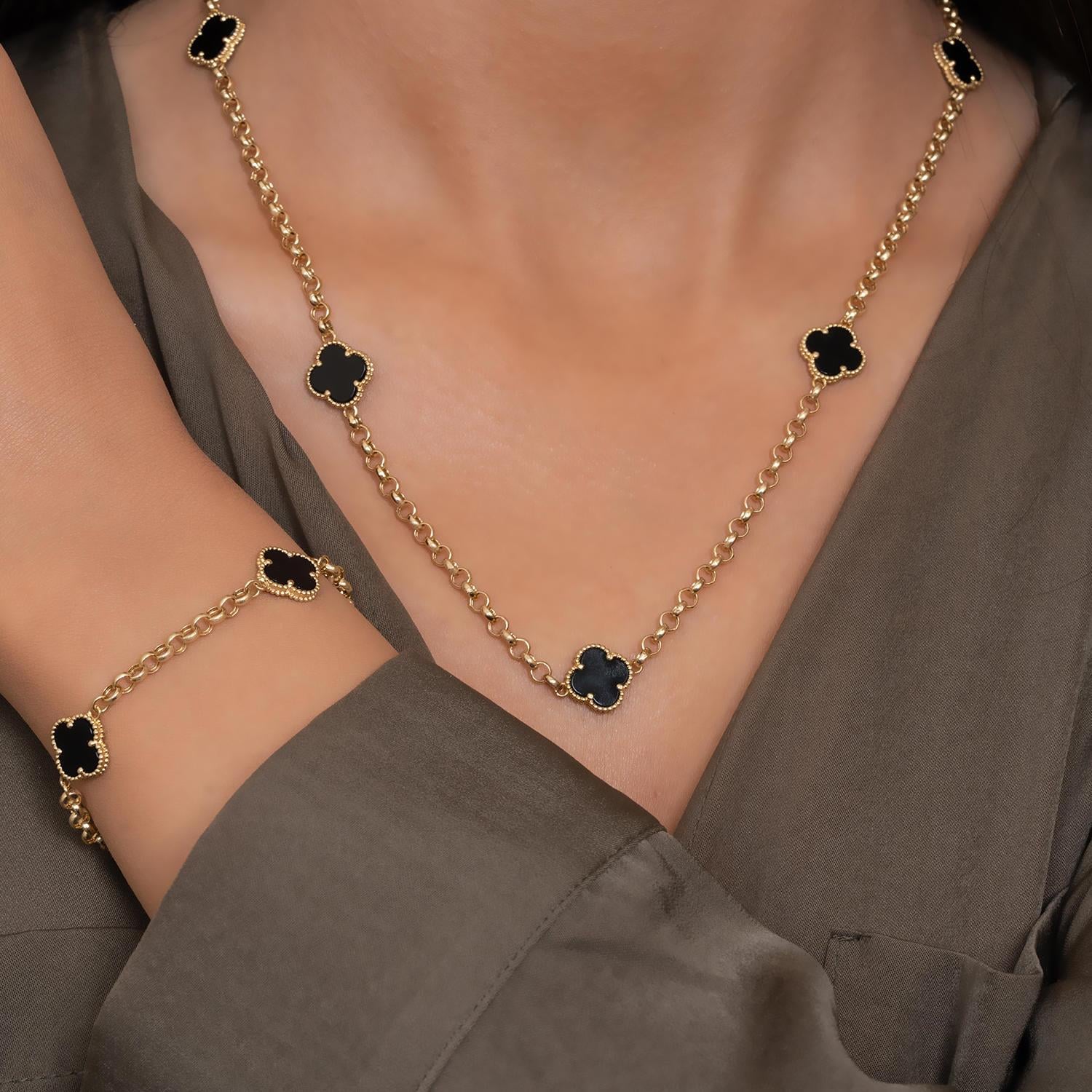 14 Ayar Altın Siyah Yonca Kolye Bileklik Set