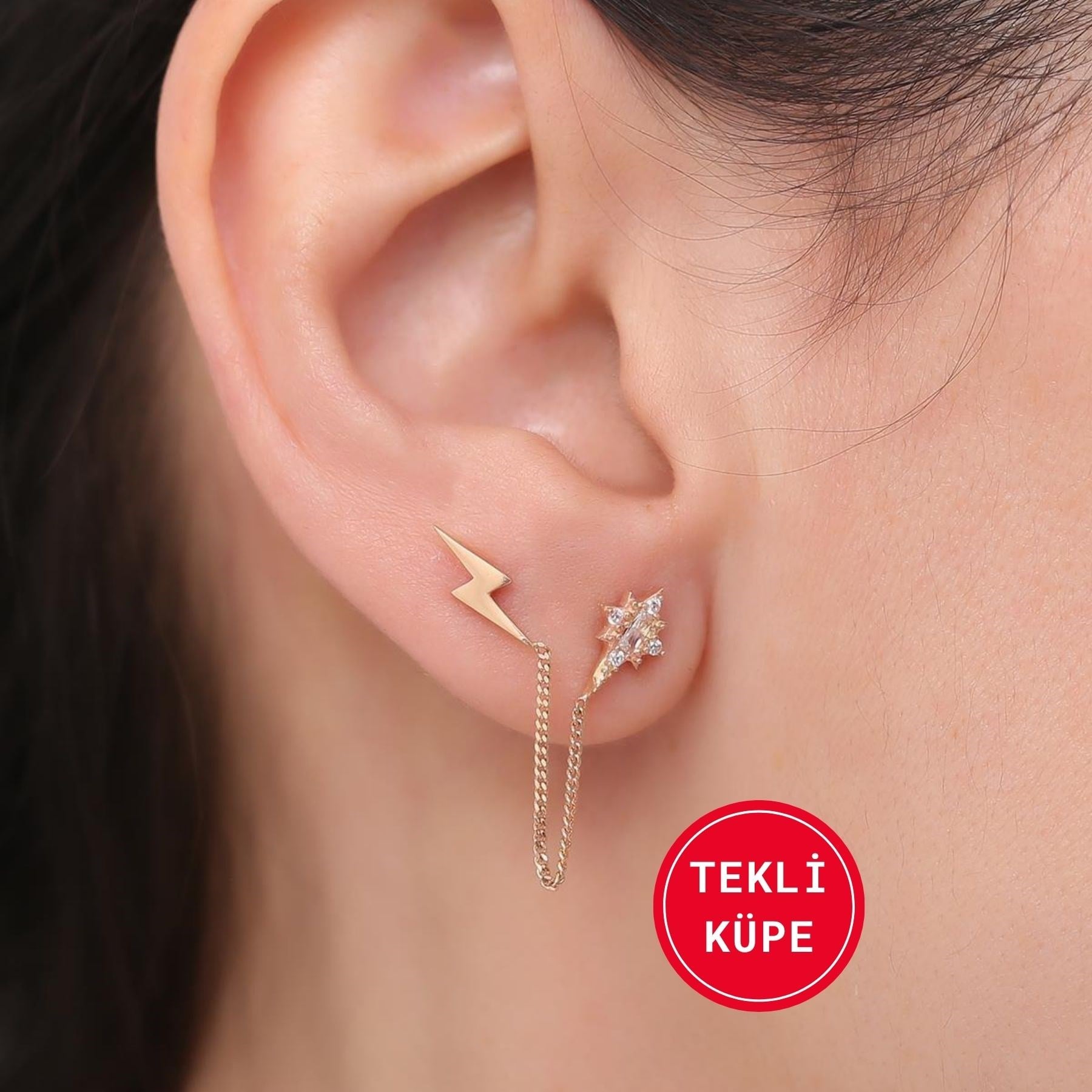 14 Ayar Altın Taşlı Kuzey Yıldızı Küpe Tekli