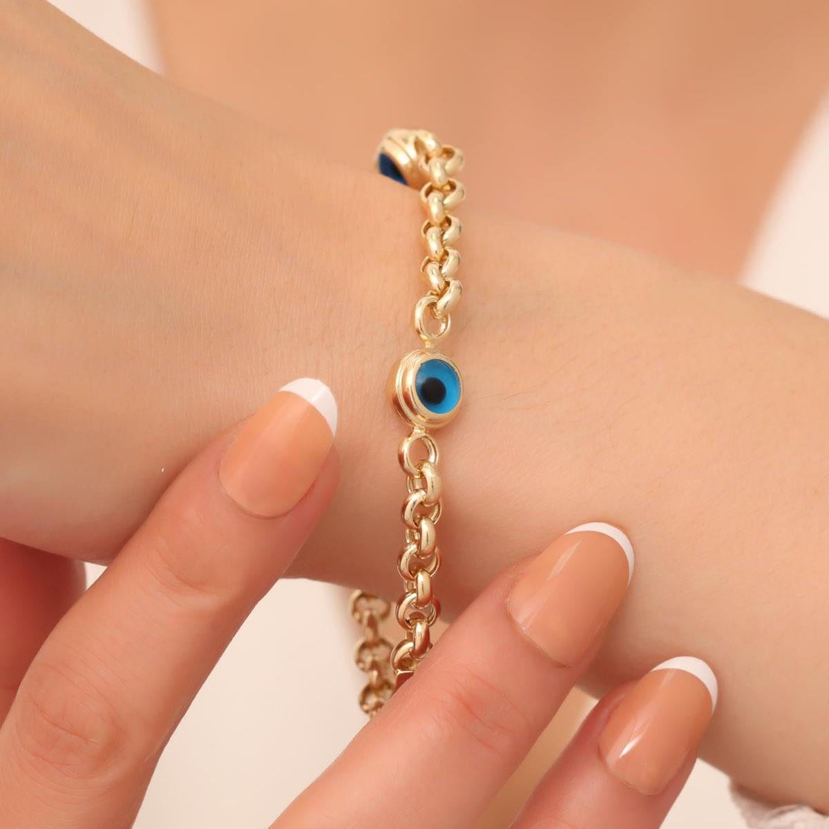 14 Ayar Altın Üç Gözlü Mavi Doç Bileklik
