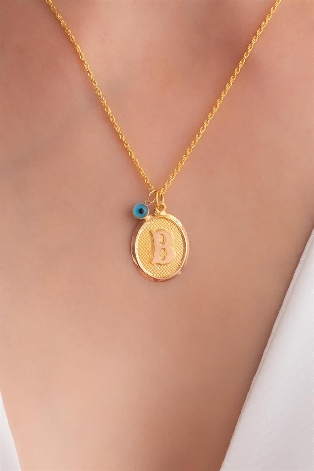 14 Ayar Altın Vintage Oval B Harf Kolye