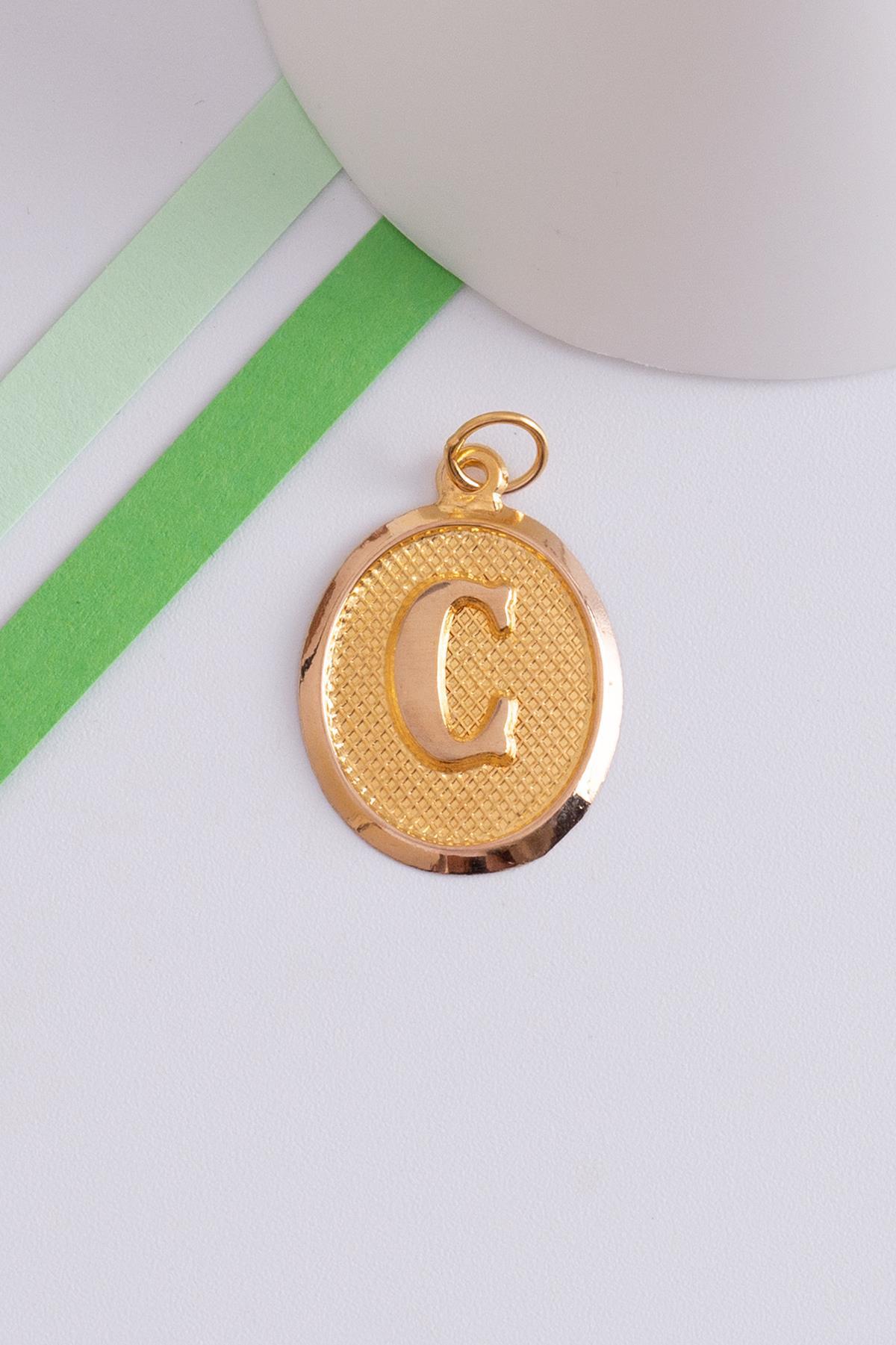 14K Solid Gold Vintage Oval Letter C Pendant
