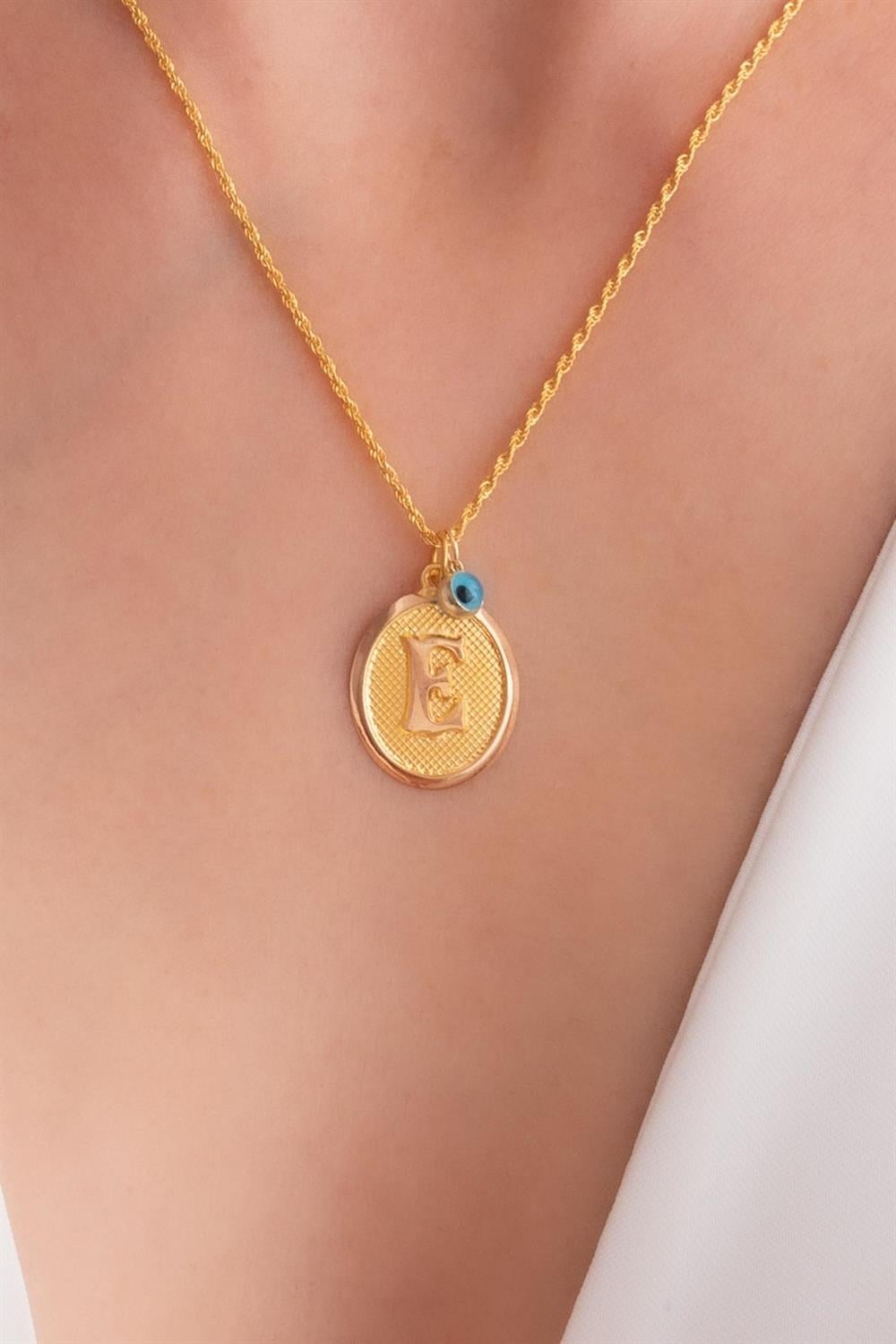 14 Ayar Altın Vintage Oval E Harf Kolye
