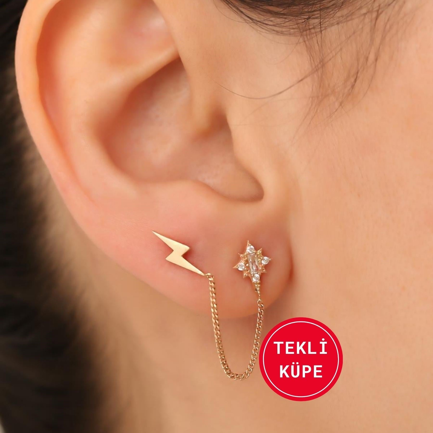 14 Ayar Altın Zigzag Estel Zincir Küpe Tekli