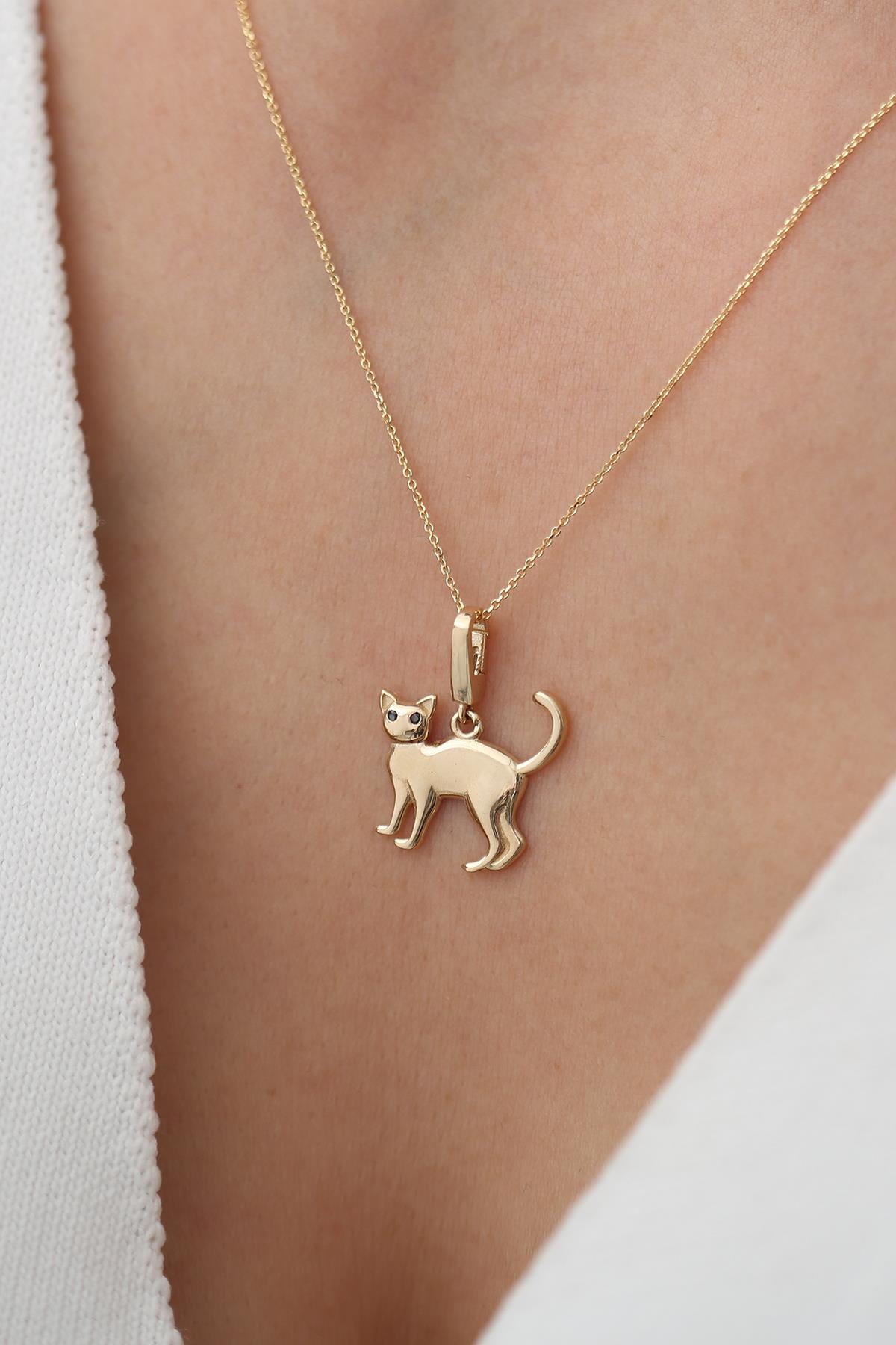 14 Ayar Siyah Taşlı Kedi Kilitli Charm Kolye Ucu