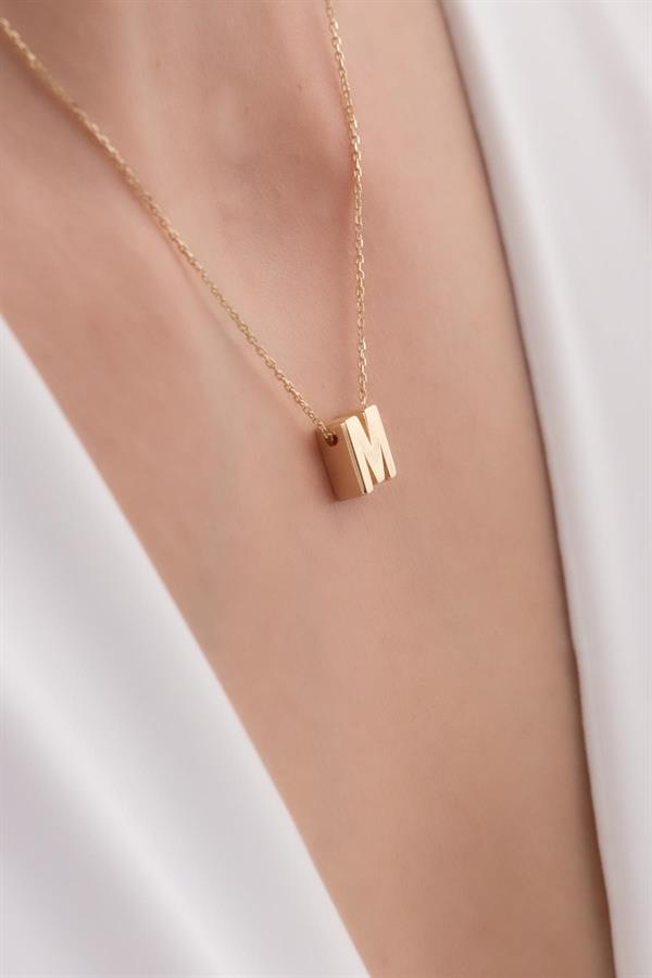 14K Solid Gold 3D Letter M Necklace