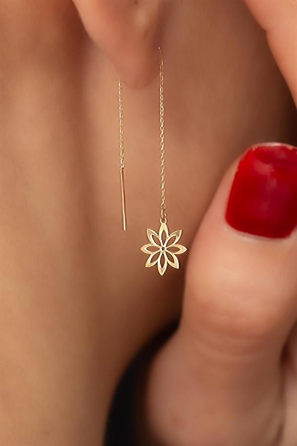 14K Solid Gold Sunflower Chain Earrings