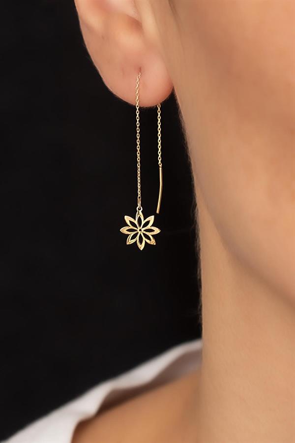 14K Solid Gold Sunflower Chain Earrings