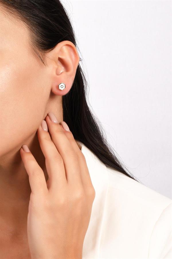  14K Solid Gold White Enameled Hexagon Earrings