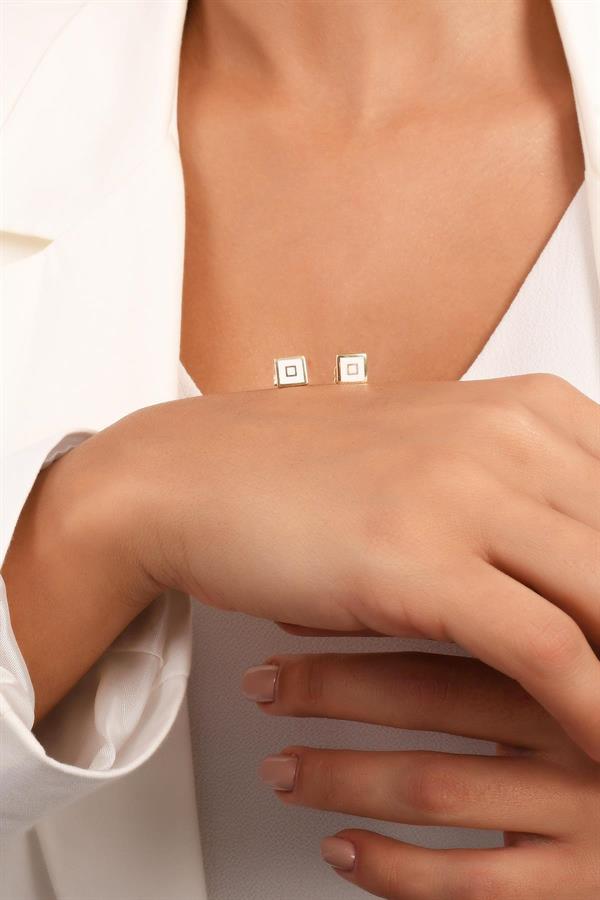  14K Solid Gold White Enamel Square Earrings