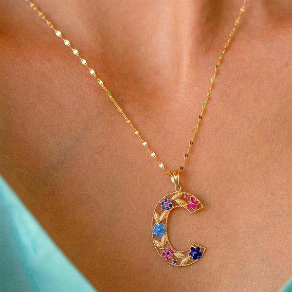14K Solid Gold Floral Garden of Eden Letter C Necklace