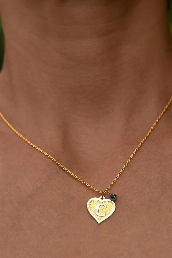 14K Solid Gold Nostalgic Heart Letter C Necklace