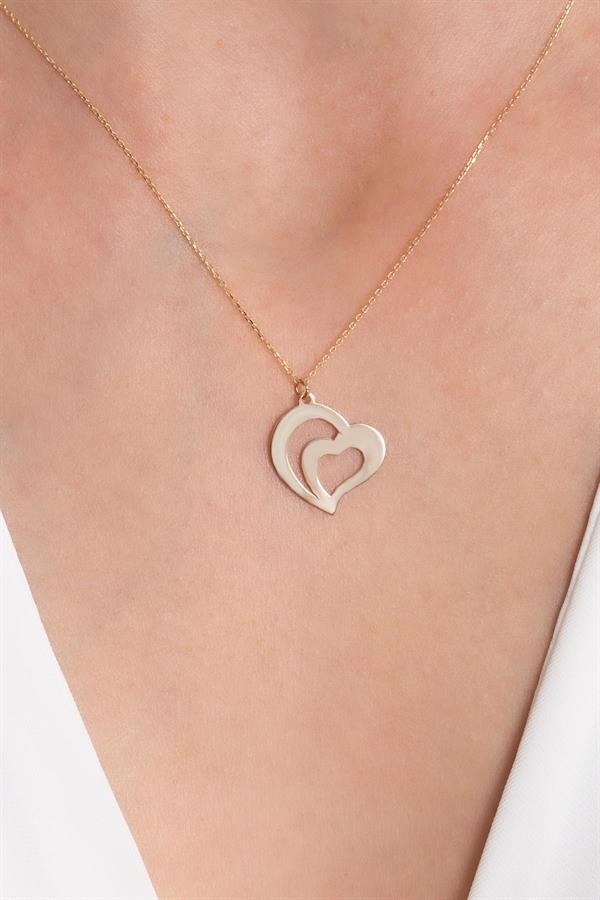 14K Solid Gold Double Heart Soft Necklace