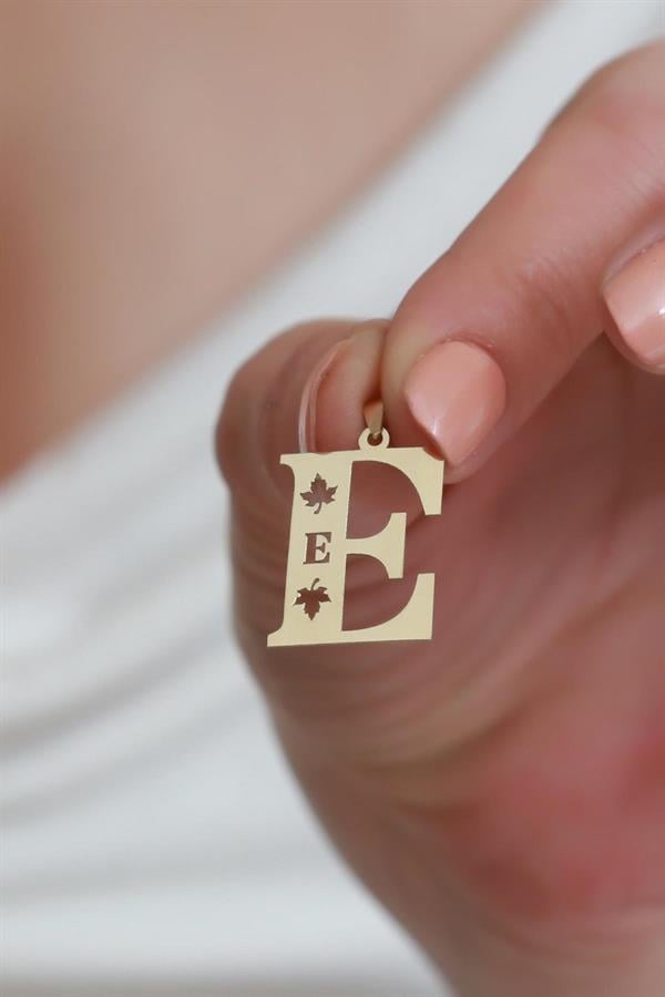 14K Solid Gold Plane Leaf E Letter Pendant