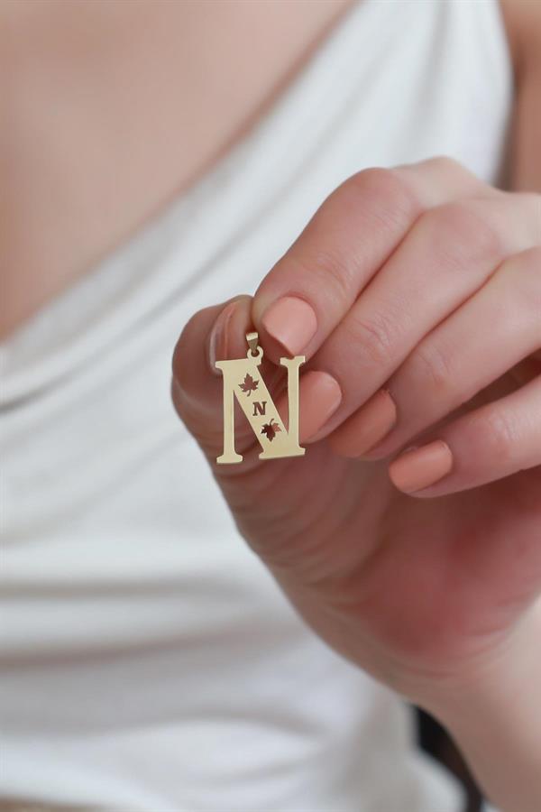 14K Solid Gold Plane Leaf N Letter Pendant