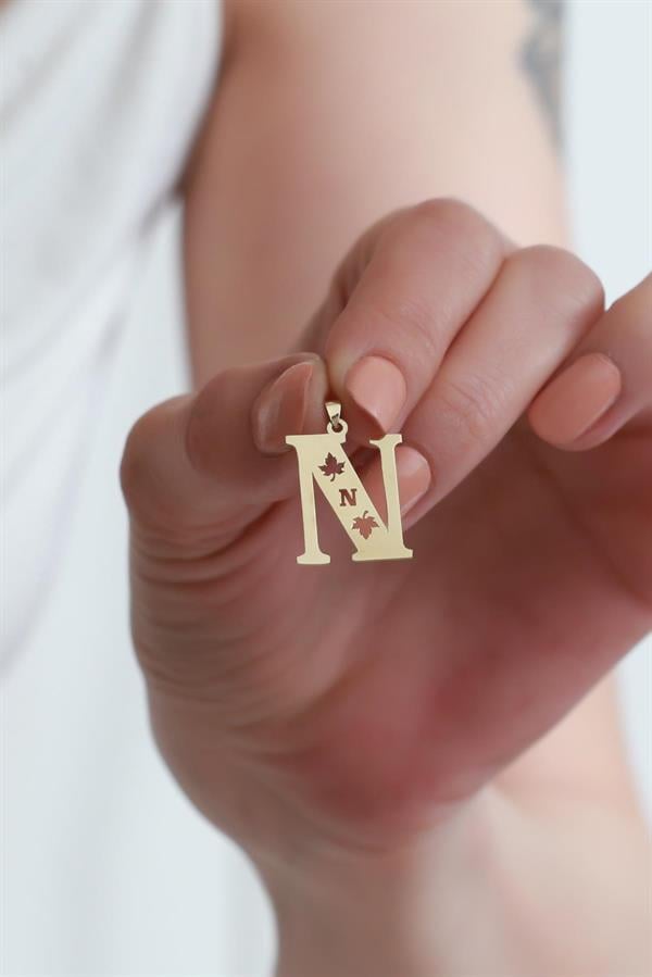 14K Solid Gold Plane Leaf N Letter Pendant