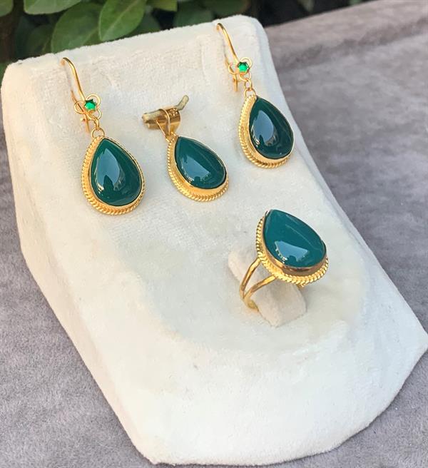 14 Ayar Altın Damla Model Yeşil Akik Set