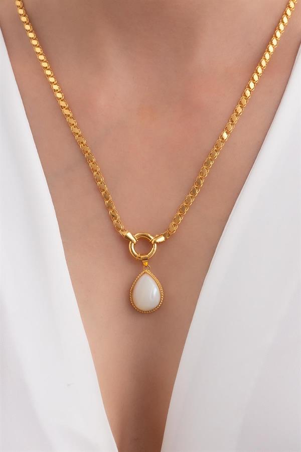 14K Solid Gold Drop Mother of Pearl Sailor Lock Sequin Aleppo Necklace