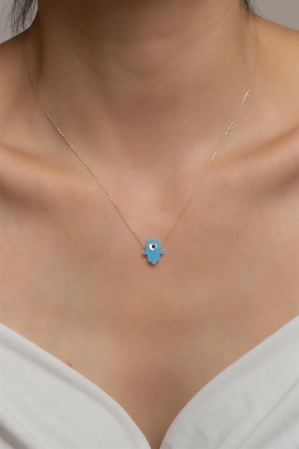Blue Mother Fatima Hand Necklace with 14K Solid Gold Eyes
