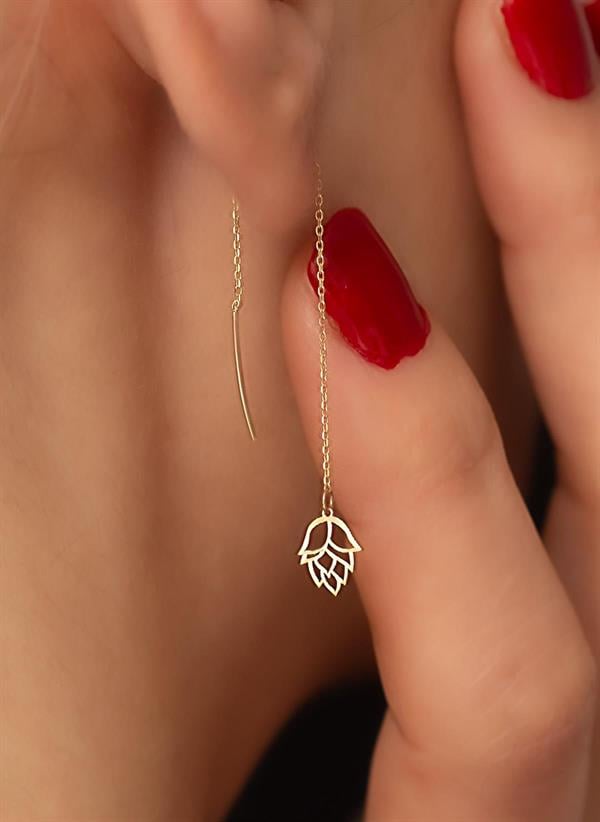 14K Solid Gold Rose Leaf Chain Earrings
