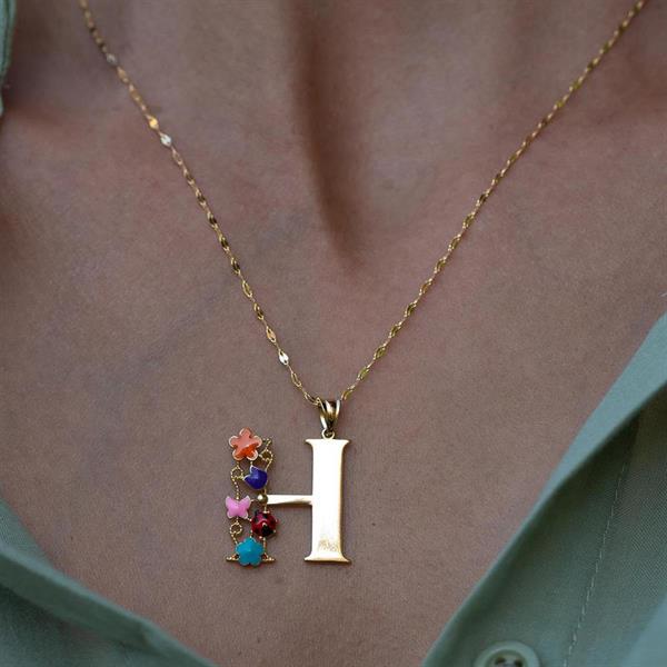 14K Solid Gold Half Plate Flowered Garden of Eden Letter H Necklace